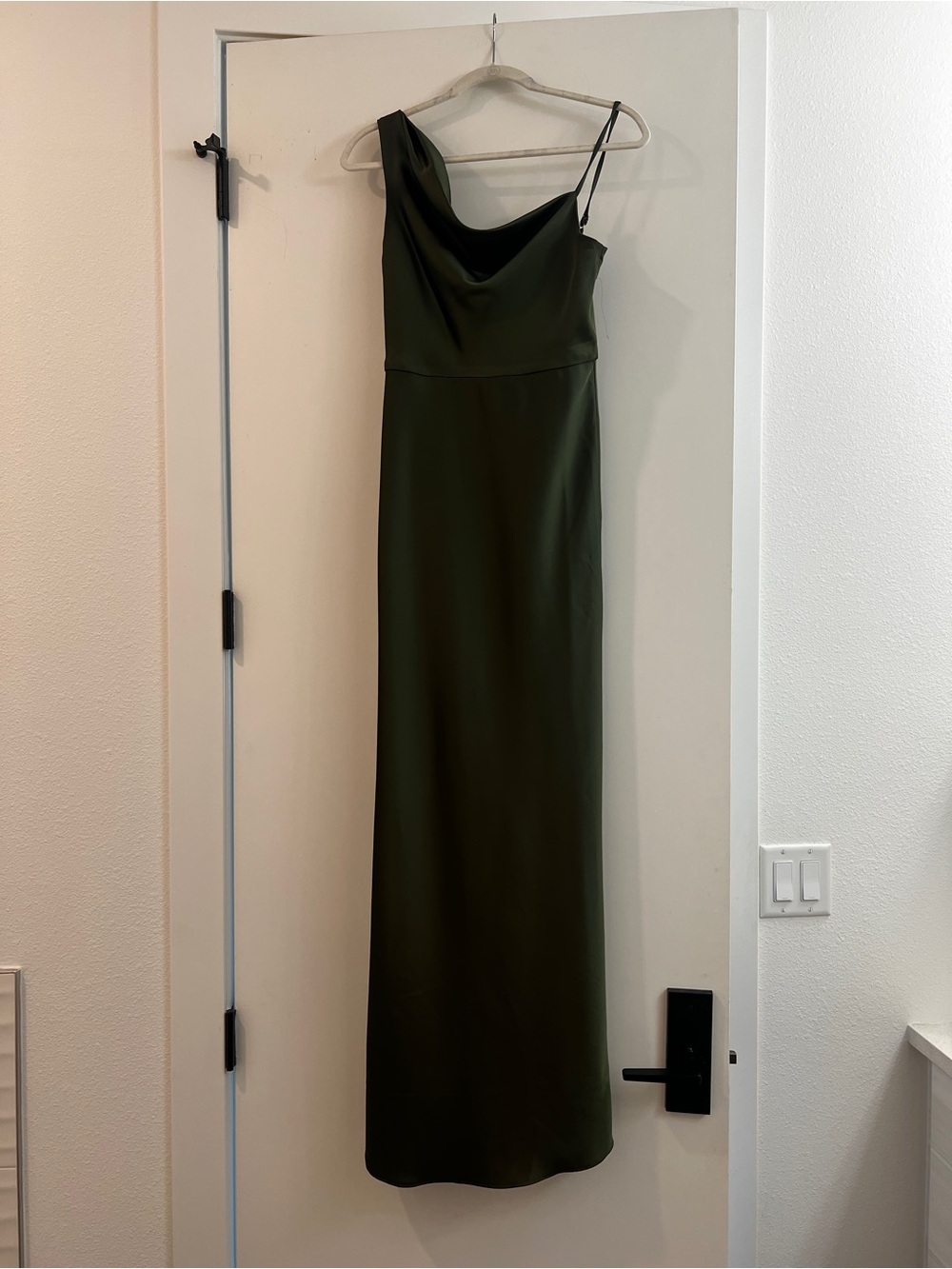 Dessy Collection Olive Green One-Shoulder Cowl Neck Gown